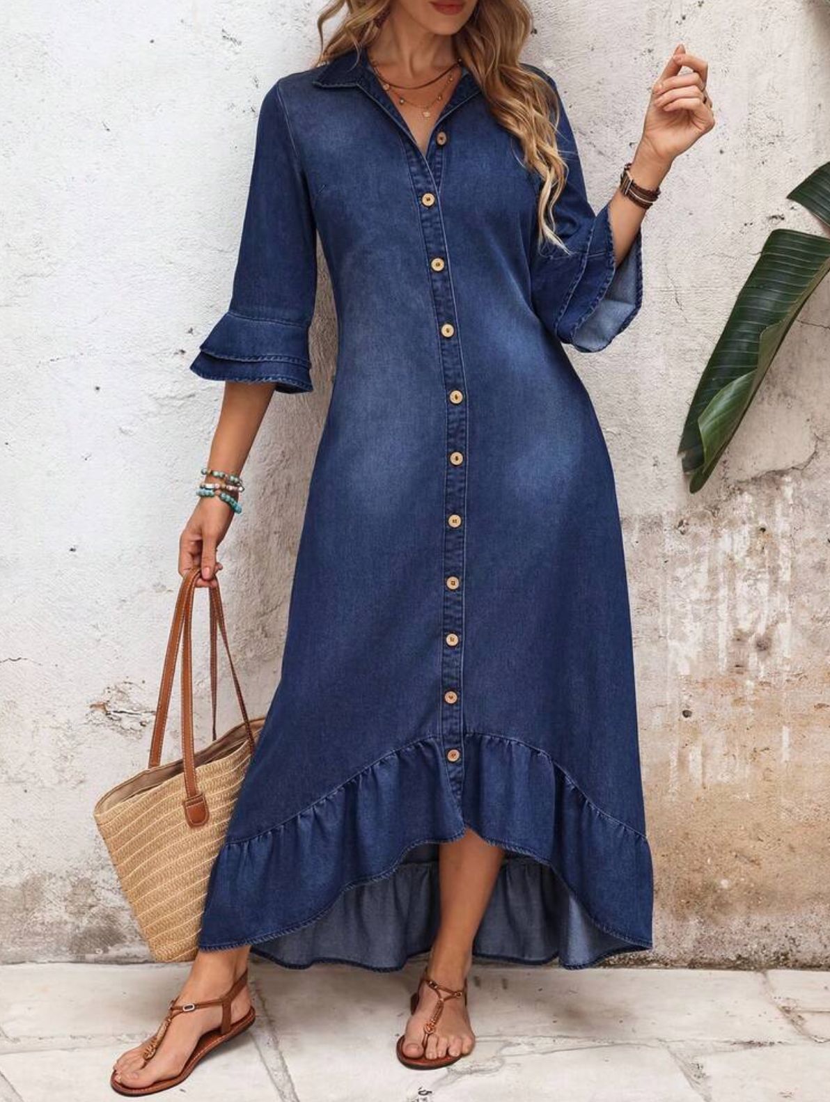 Elegant Denim Dress with Collar, Button Front, Flared Sleeves, Asymmetric Ruffle Hem