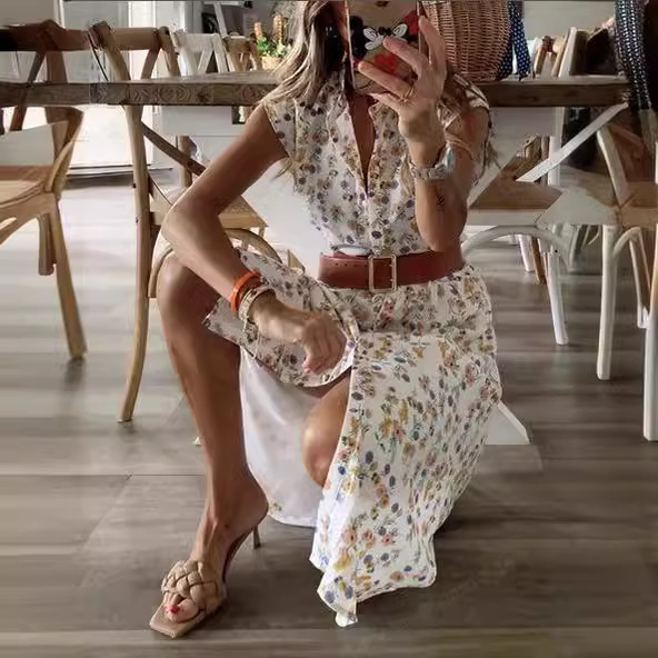 Floral Print Split Midi Dress with Belt