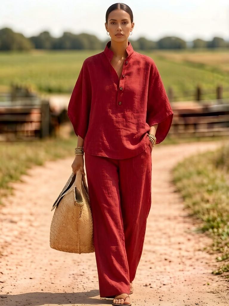 Women's Linen Blend Button Shirt and Wide-Leg Pants Two-Piece Set