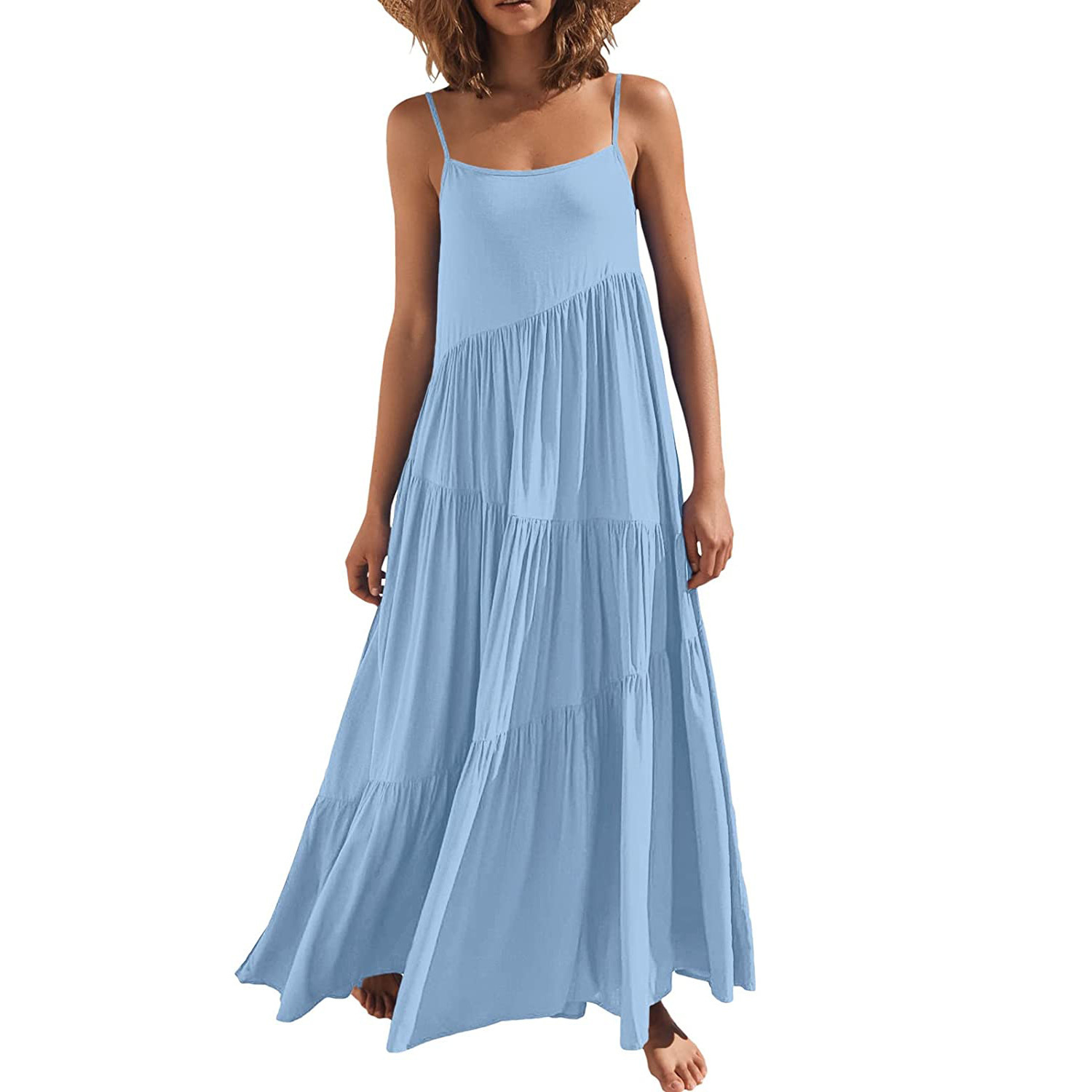 Women's Summer Loose Solid Pleated Sleeveless Halter Long Dress