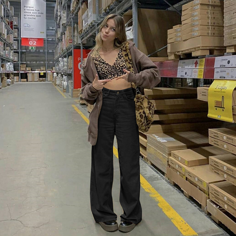 Women's Corduroy High-Waist Straight-Leg Pants Solid Color Slimming Casual Trousers