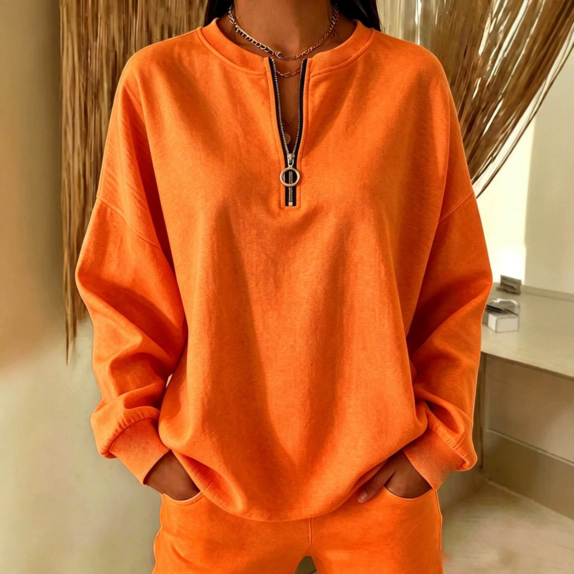 Women's Crewneck Half-Zip Pullover Long-Sleeve Sweatshirt
