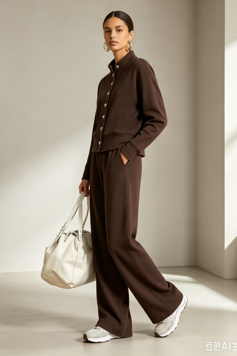Women's Solid Stand-Collar Cardigan Hoodie & Wide-Leg Pants Set