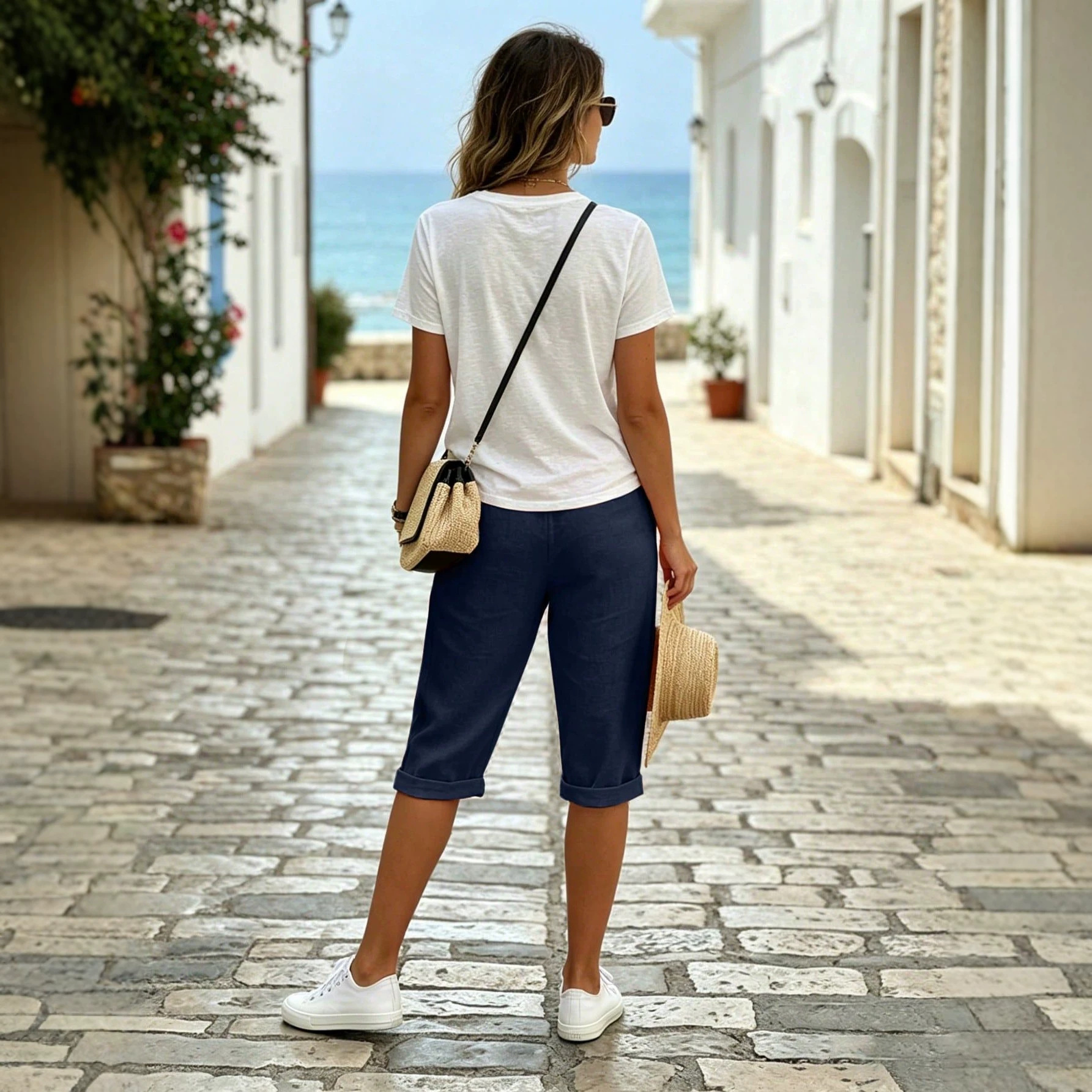Women's Cotton-Linen Wide-Leg Capri Pants Elastic Waist Loose Straight Rolled Hem
