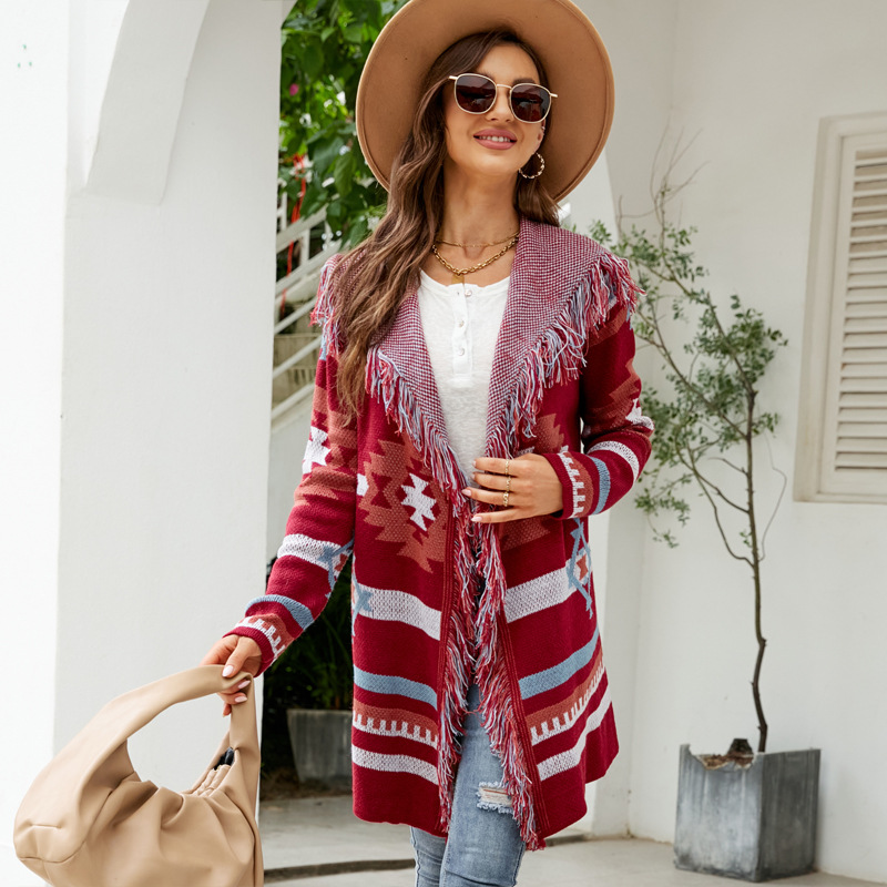Oversized Hooded Long Fringe Geometric Jacquard Cardigan