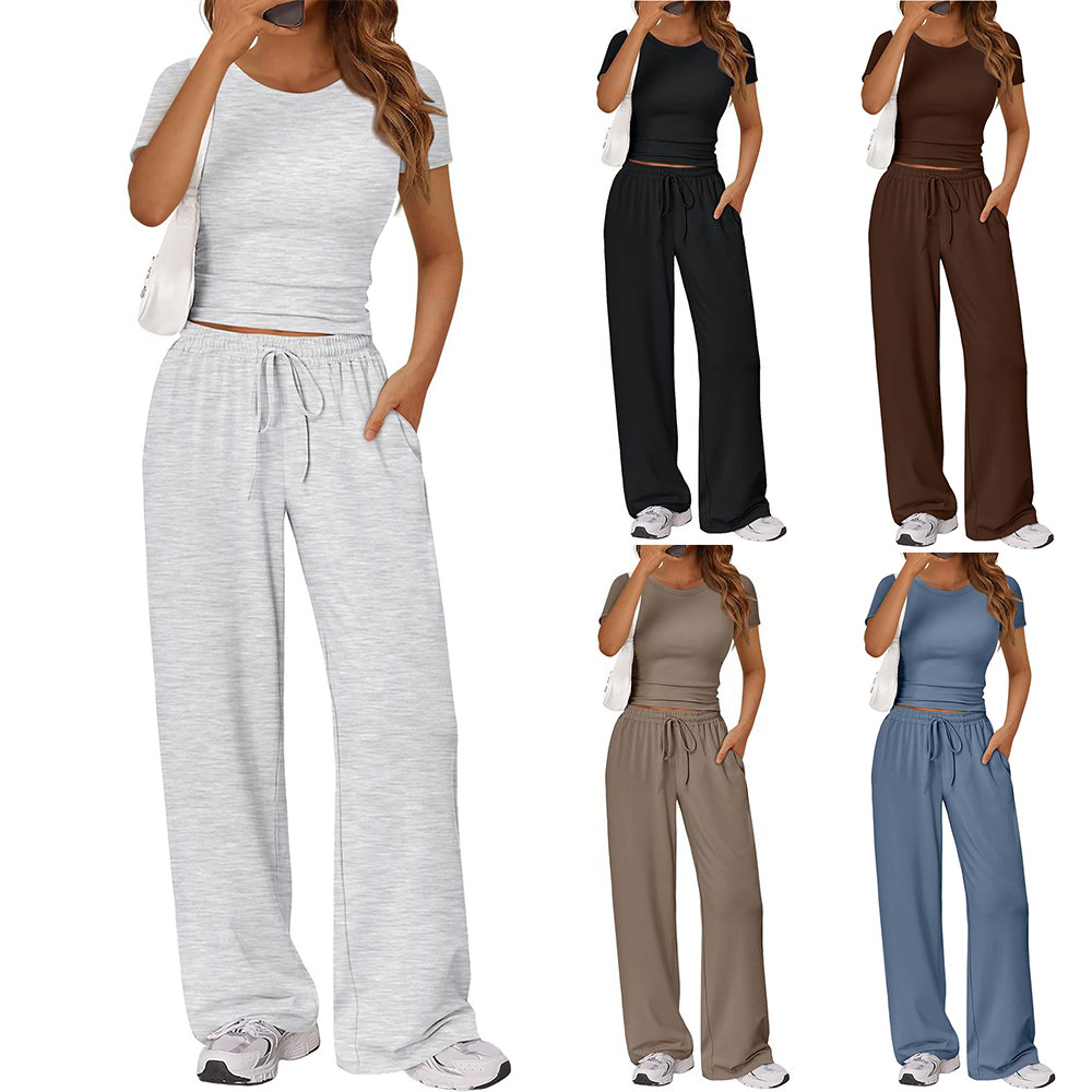 Women's Y2K Two-Piece Set Crewneck Short Sleeve Tee and Pants Casual