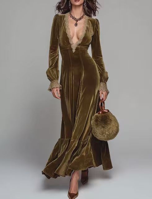 French Vintage V-Neck Fitted Long Sleeve Midi Dress