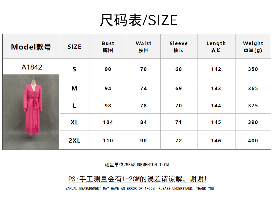 V-Neck Solid Color Waist-Cinched Long Sleeve High Slit Flowy Chiffon Dress