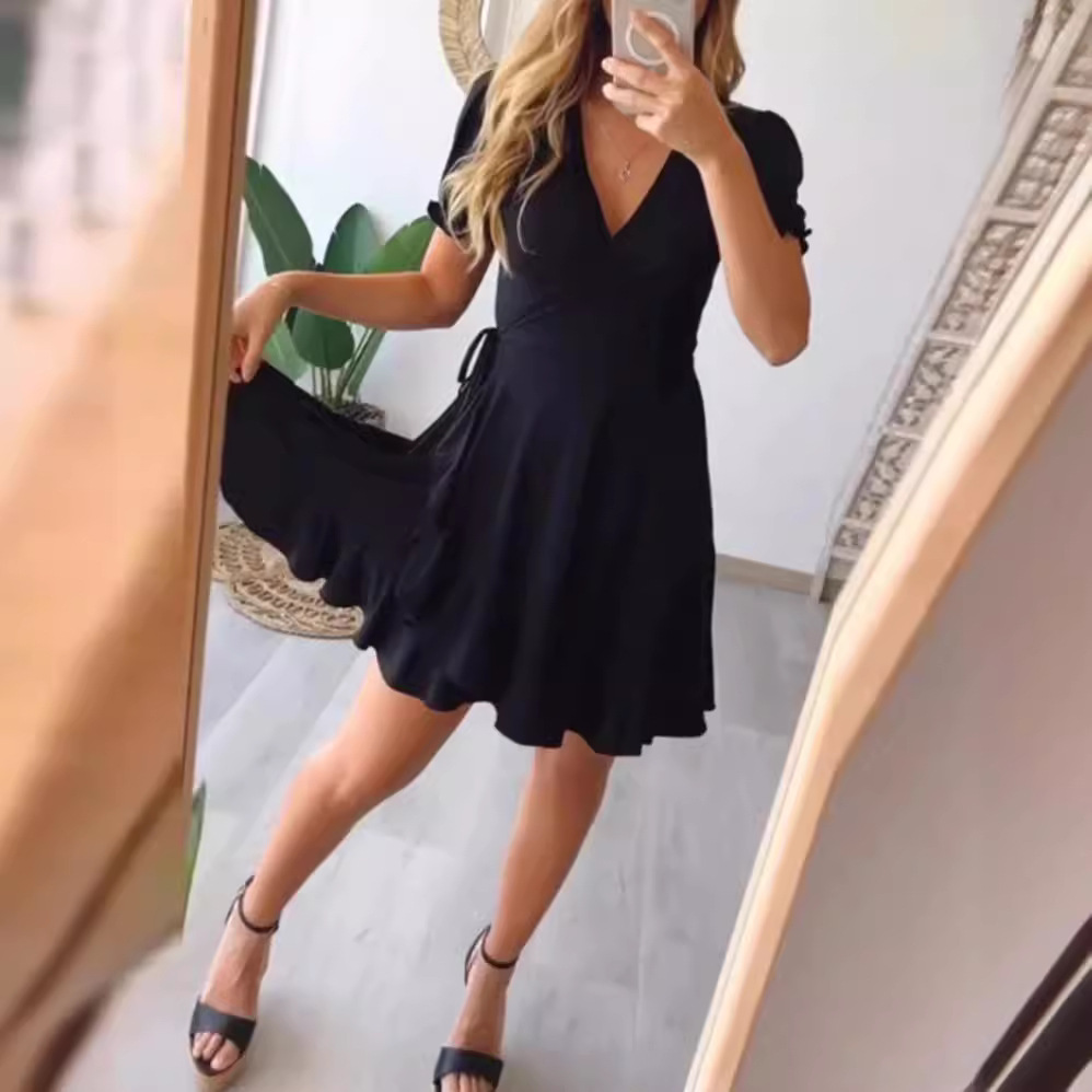 Women's Solid V-Neck Ruffle Short Sleeve Midi Dress