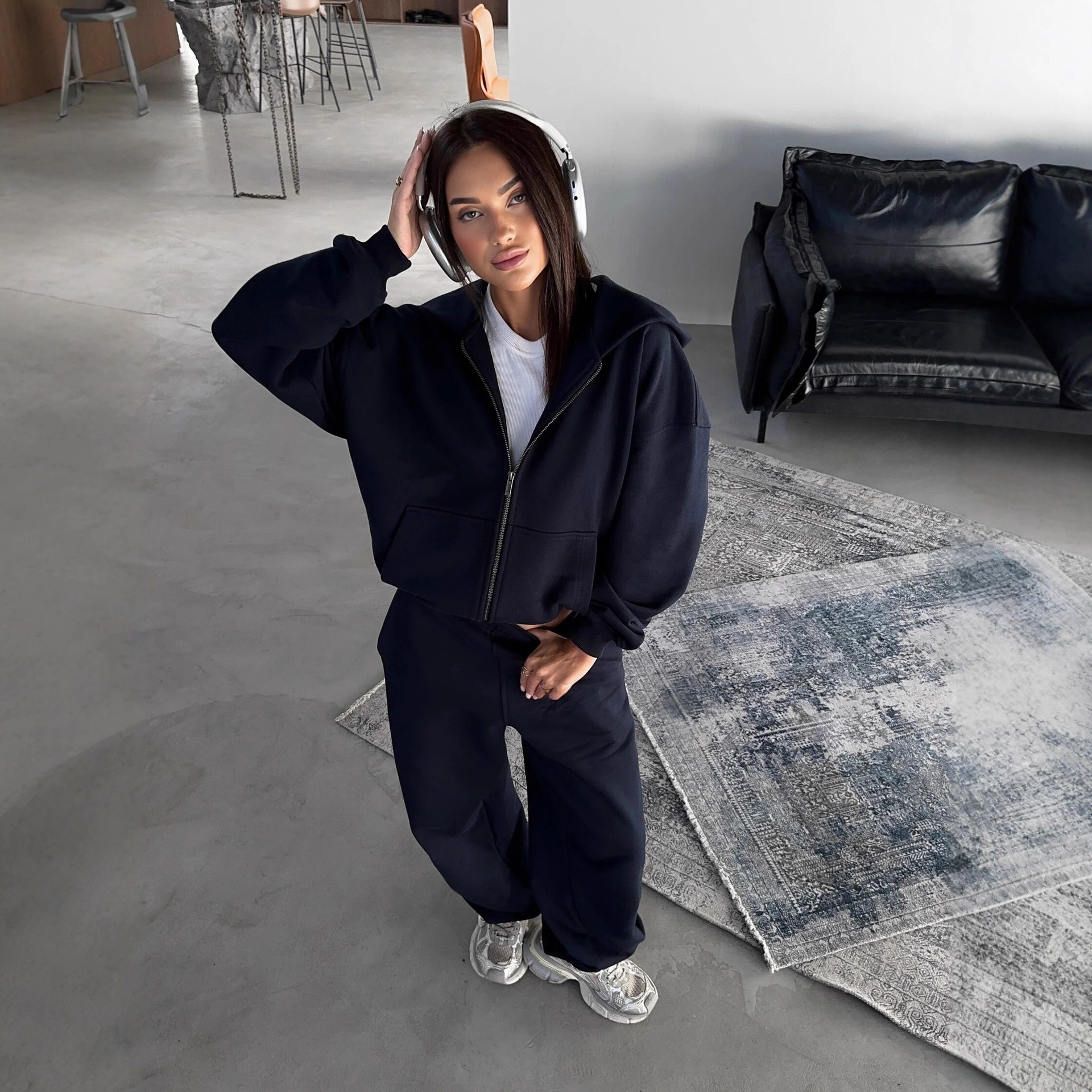 Women's Casual Hooded Long Sleeve Cardigan & Pants Two-Piece Set Solid Color