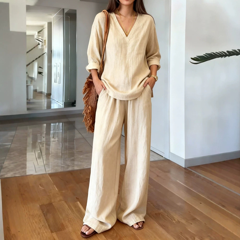 Women's V-Neck Long Sleeve Wide Leg Pants Two-Piece Set Solid Color