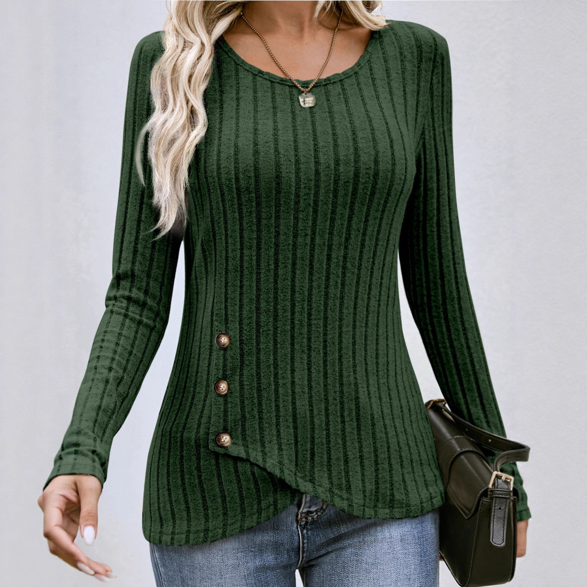 Women's Slim Fit Ribbed Knit Long Sleeve Round Neck Top