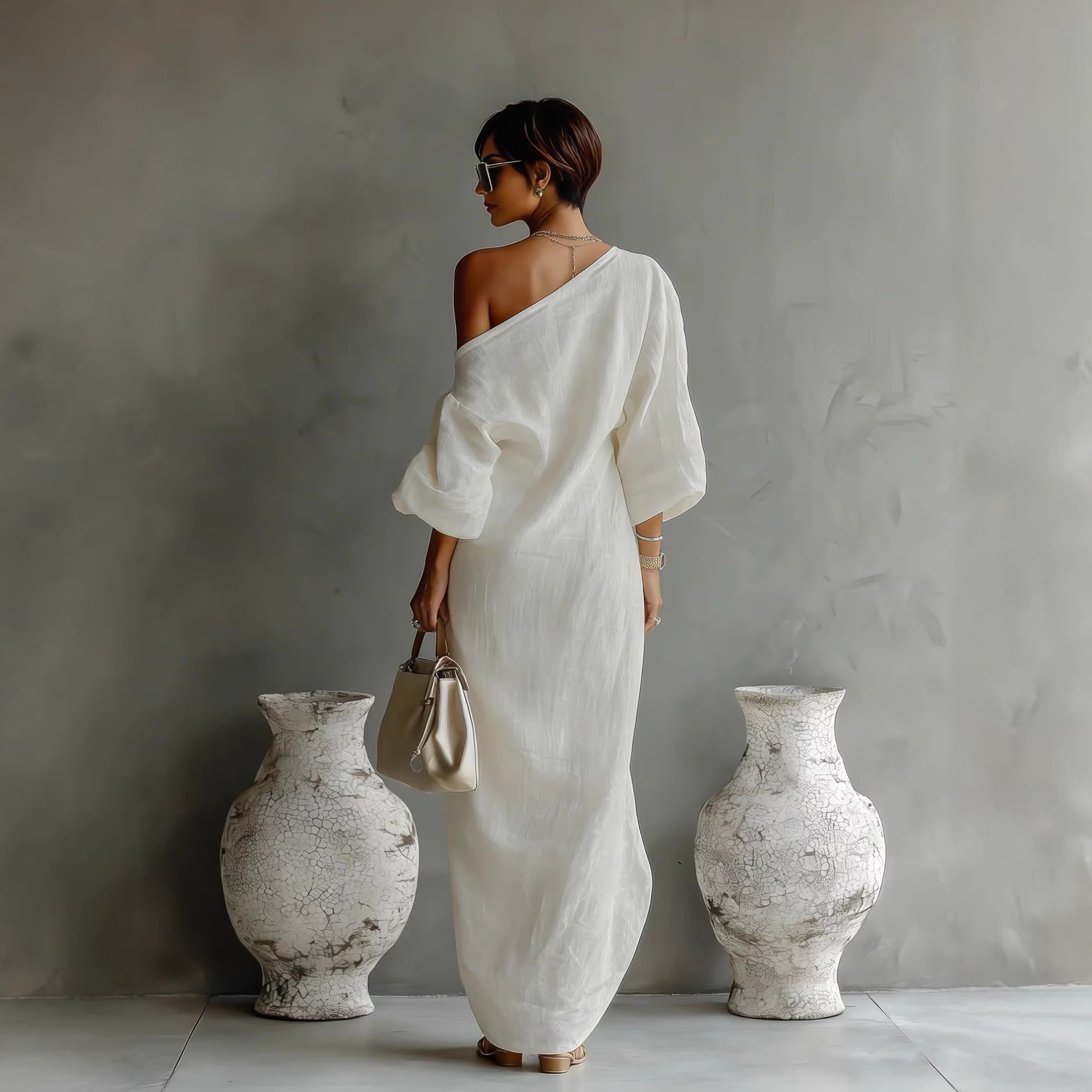 Women's Long Sleeve Off-Shoulder Midi Dress Asymmetric Hem