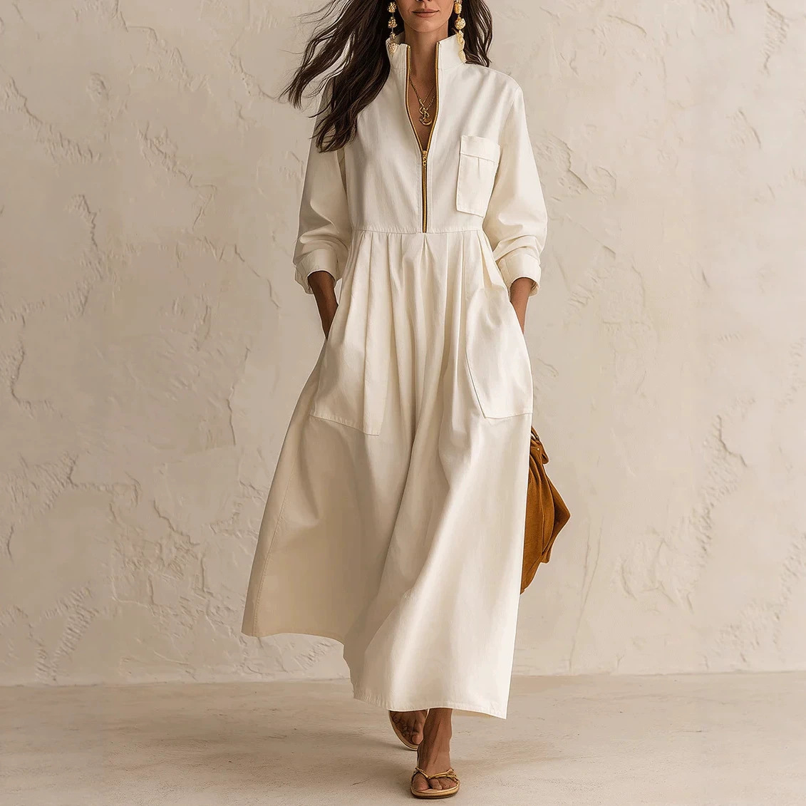 Gold Half-Zip Stand Collar Dress with Pockets Loose Pleated Maxi Long Sleeve