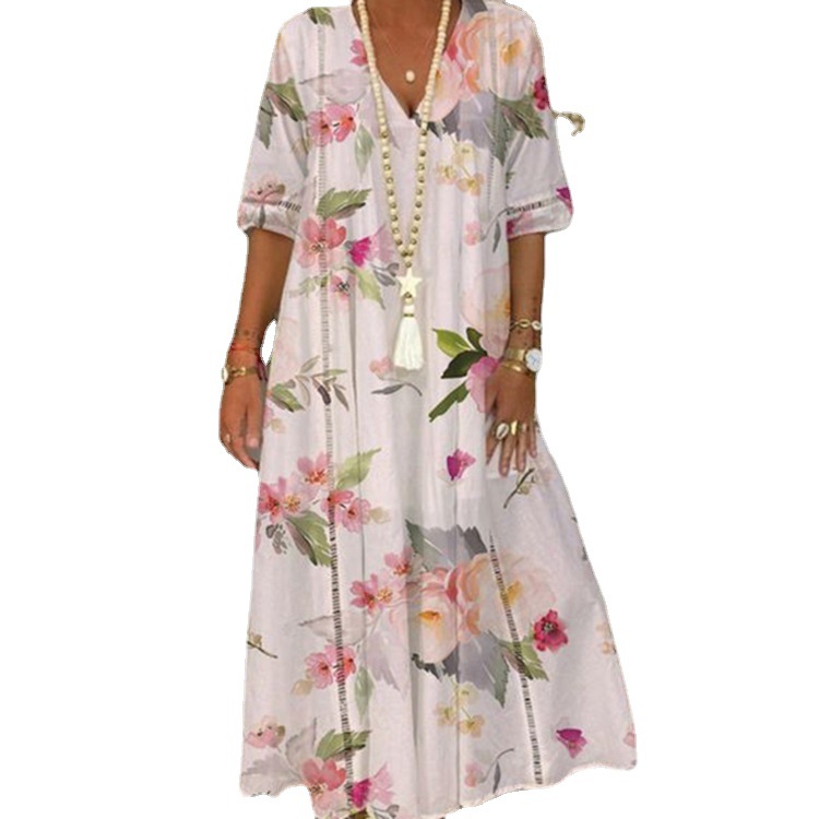 Women's Summer Long Sleeve Printed Lace Trim Dress