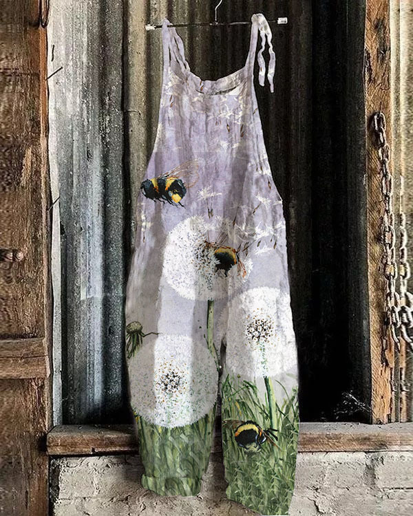 Women's Printed Cotton-Linen Cami Jumpsuit Sleeveless Wide-Leg Beach Romper