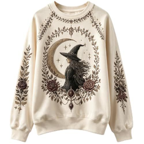 Halloween Witch Hat Print Crewneck Long-Sleeve Pullover Sweatshirt