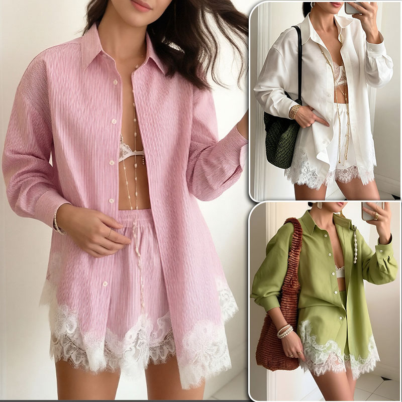 Women's Casual Solid Lace Spliced Shorts Set Long Sleeve Cardigan Two-Piece