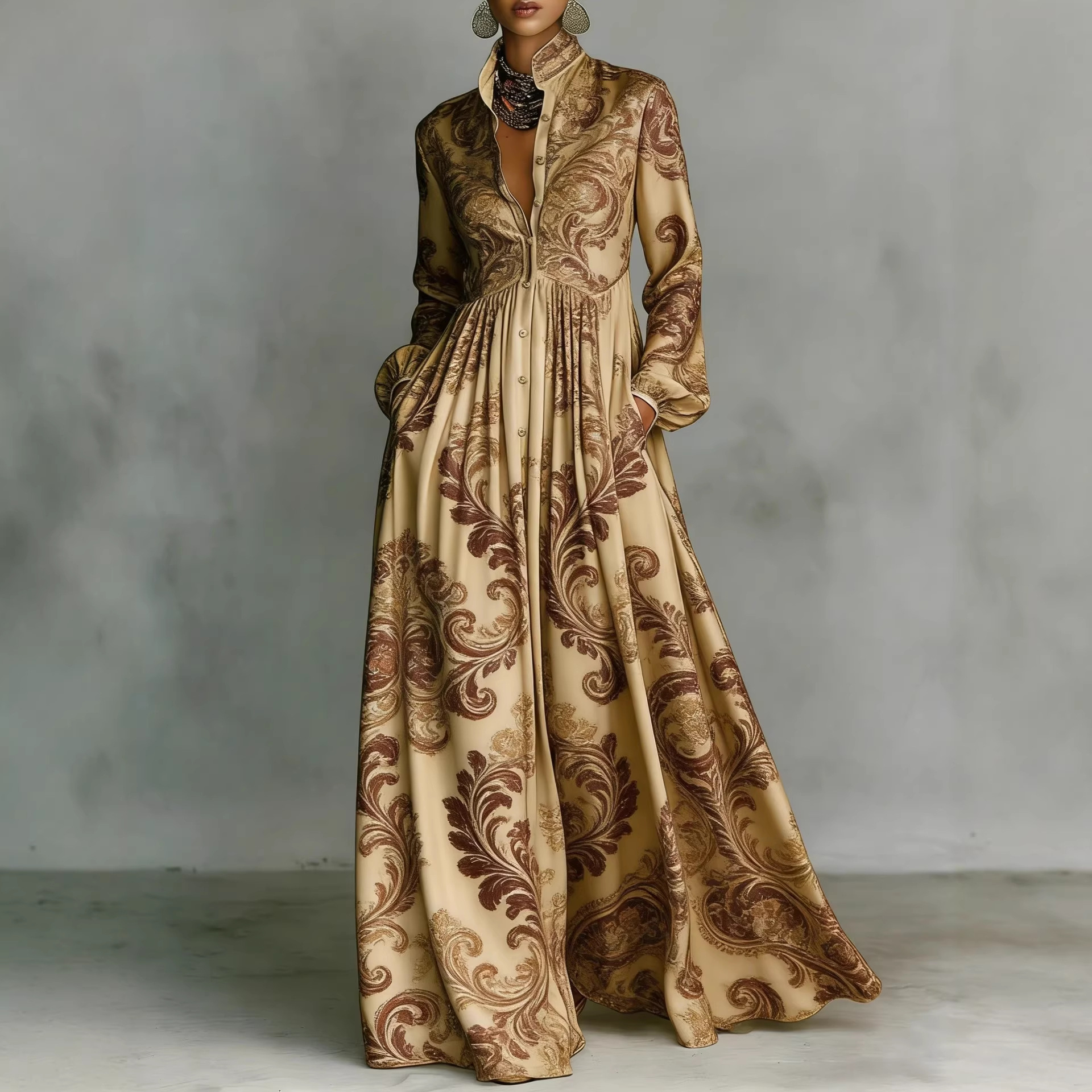 French Waist-Cinching Floral Print Long Sleeve Maxi Dress