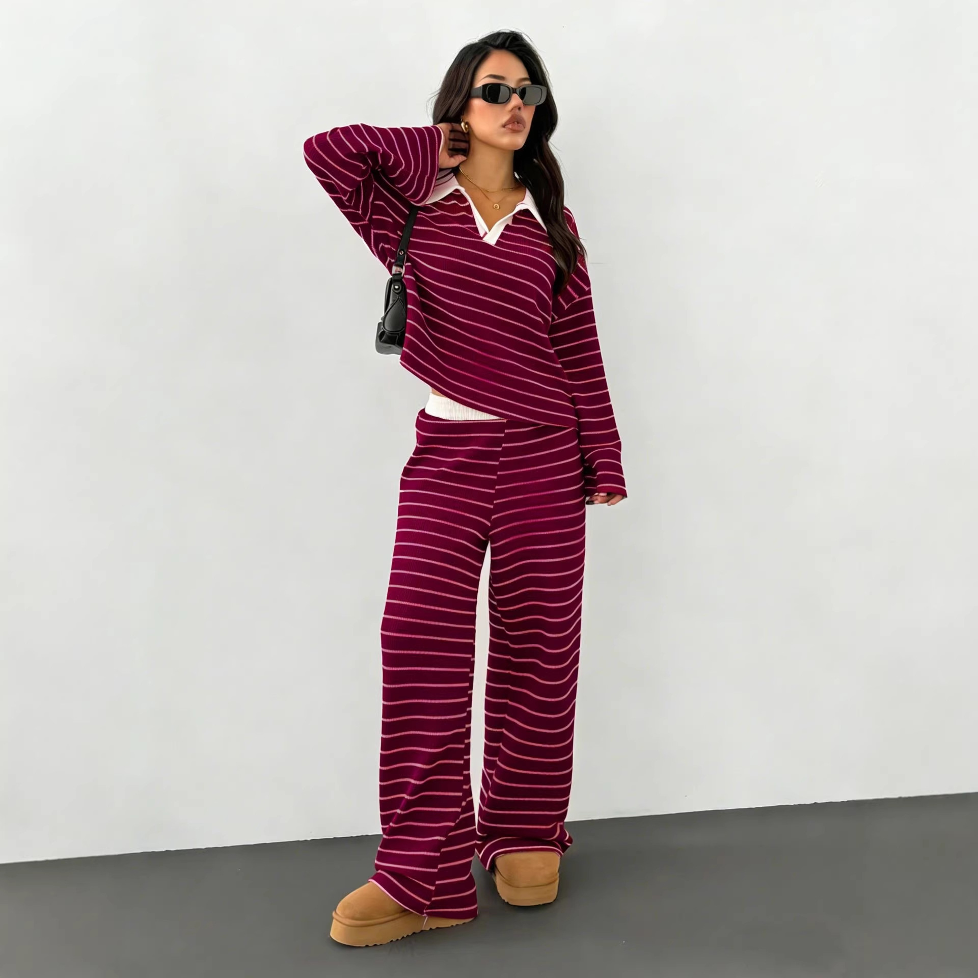 Striped Colorblock Two-Piece Set with Collared Top and Elastic Waist Pants