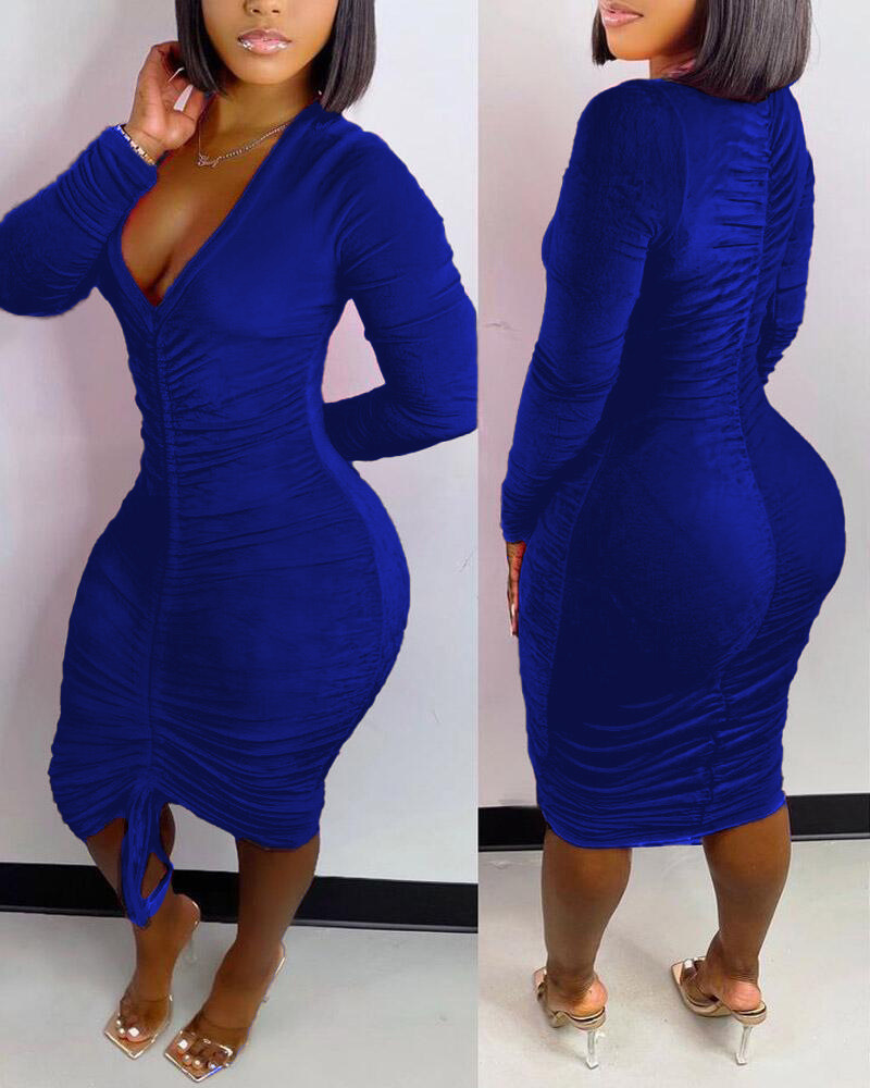 Women's Velvet Long Sleeve Ruched Bodycon Dress with Drawstring Round Neck