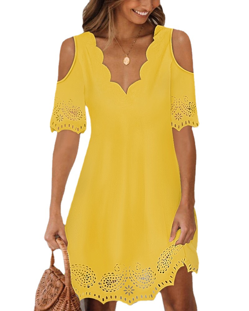 Lace V-Neck Short Sleeve Solid Color Midi Dress