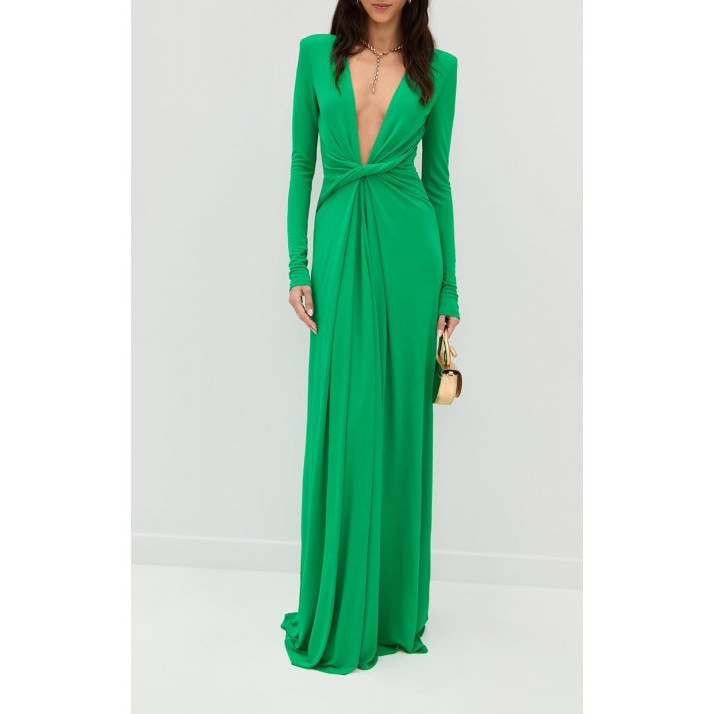 V-Neck Slim Fit Bodycon Midi Dress Long Sleeve Twist Front Elegant Party Dress