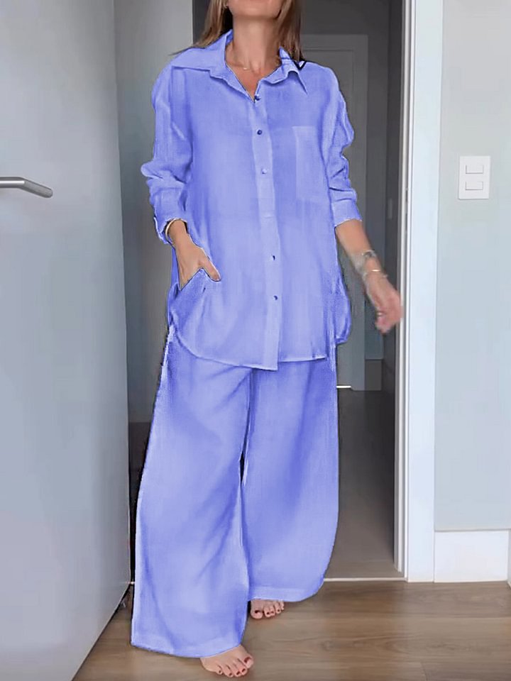 Women's Casual Linen-Blend Shirt and Pants Set with Colorblock Detail