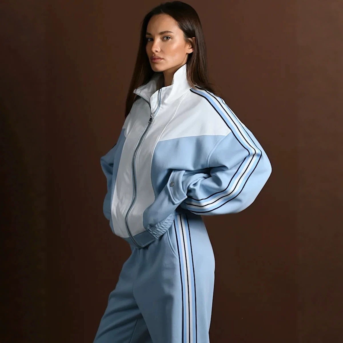 Women's Color-Block Side-Stripe Zip-Up Tracksuit with Drawstring Waist Wide-Leg Pants
