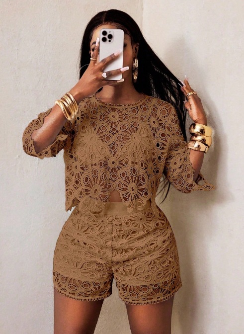 Women's Solid Color Hollow Lace Slim Fit Two-Piece Set