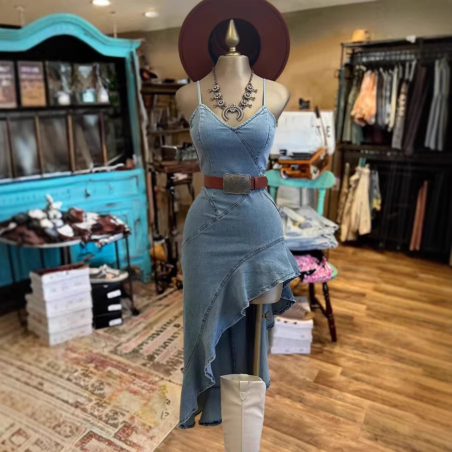 Women's Sleeveless Denim Dress with Asymmetrical Hem