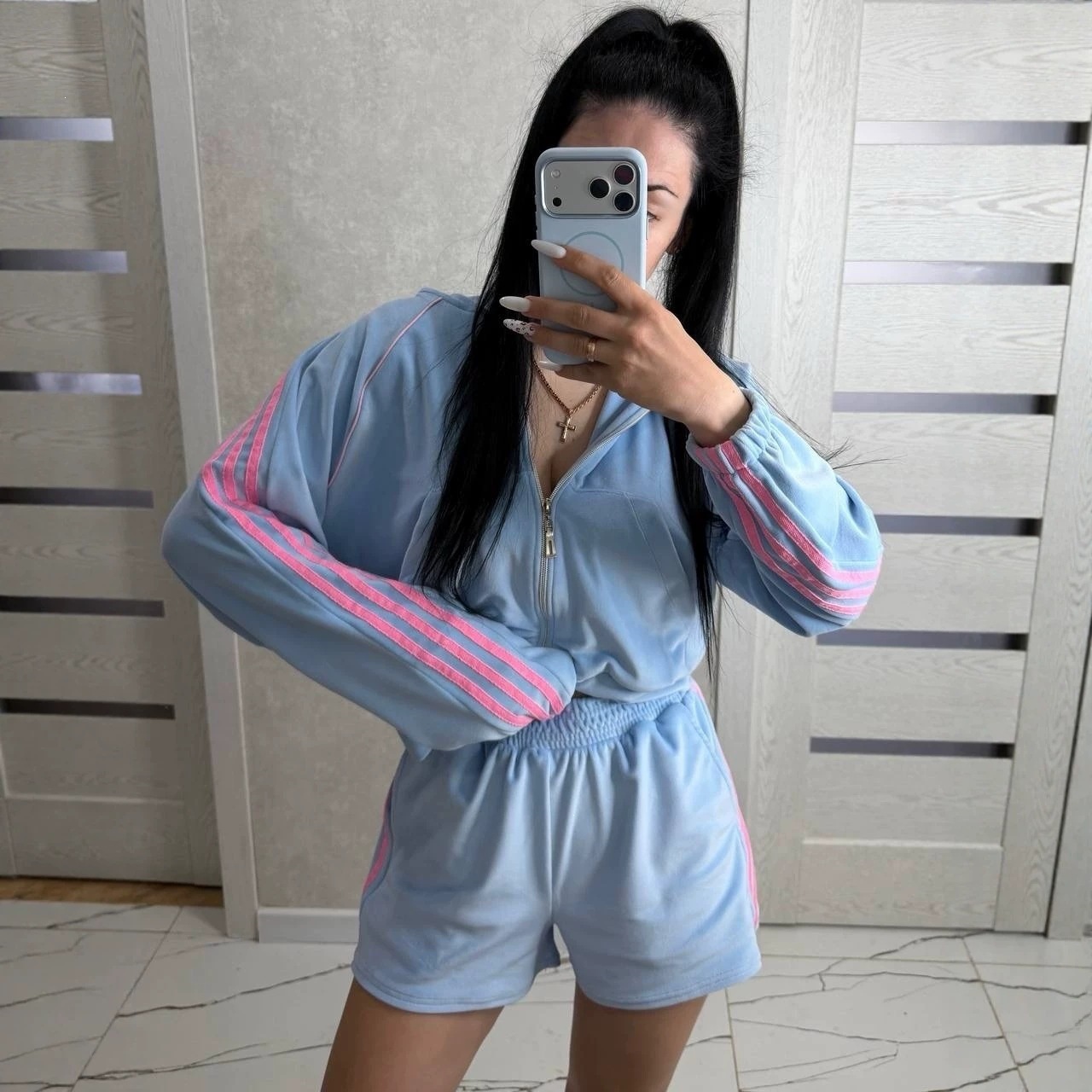 Velvet Color-Block Striped Zip Cardigan & Elastic Shorts Set