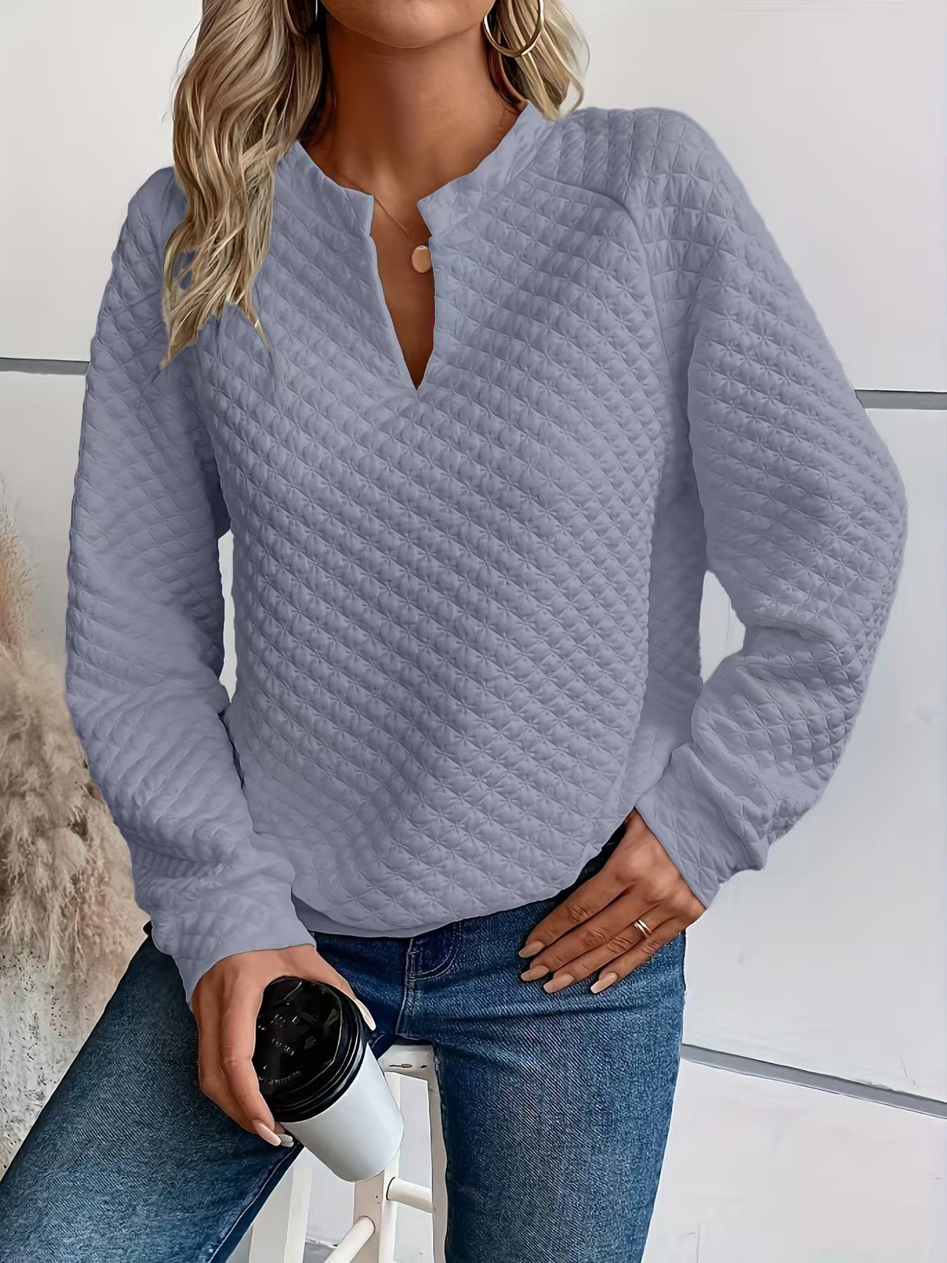 Women's Solid Deep V-Neck Long Sleeve Casual Sweatshirt