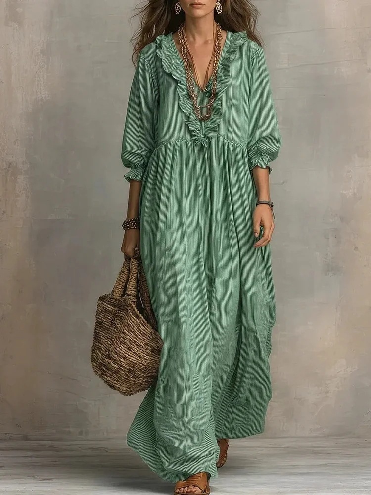 Striped Ruffle High-Waist V-Neck Loose Casual Dress
