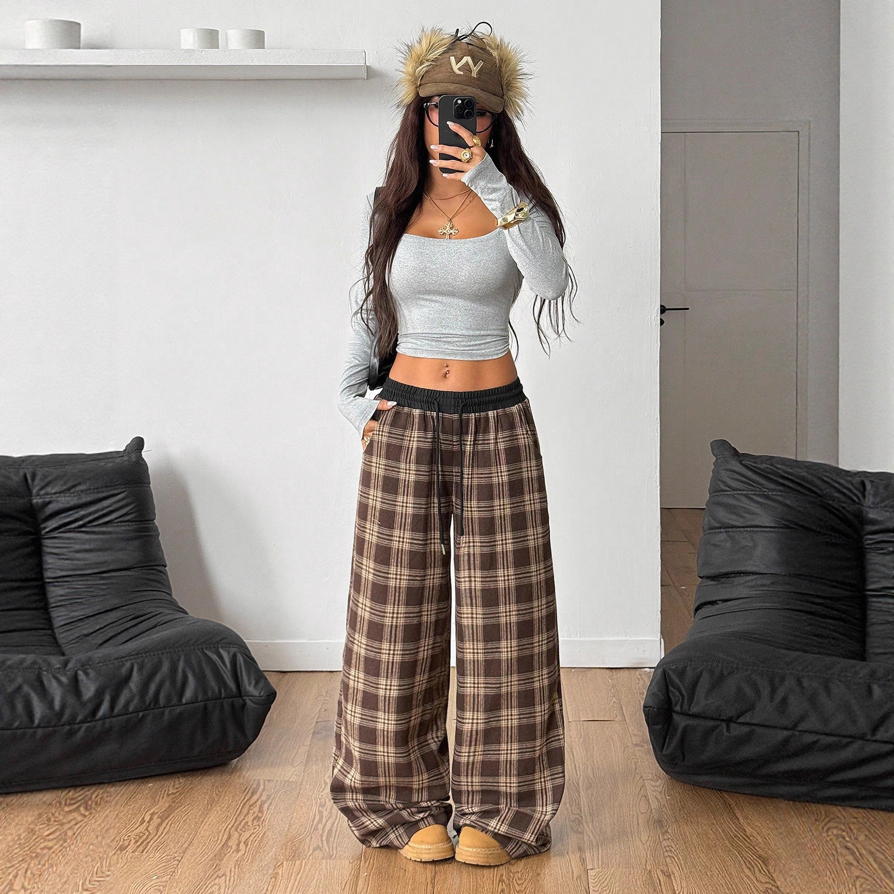 Retro Plaid Drawstring Wide-Leg Pants
