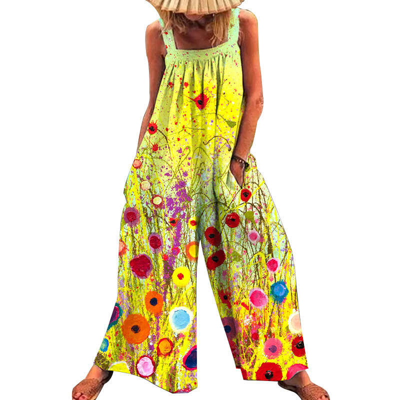 Plus Size Floral Print Loose Wide-Leg Jumpsuit with Straps