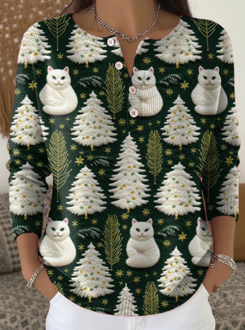 Women's Christmas Dinosaur Forest Print Button Sweatshirt