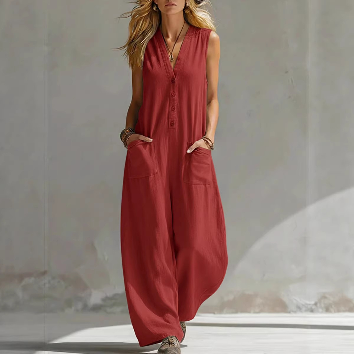 Sleeveless Linen-Blend Wide-Leg Jumpsuit with Pockets