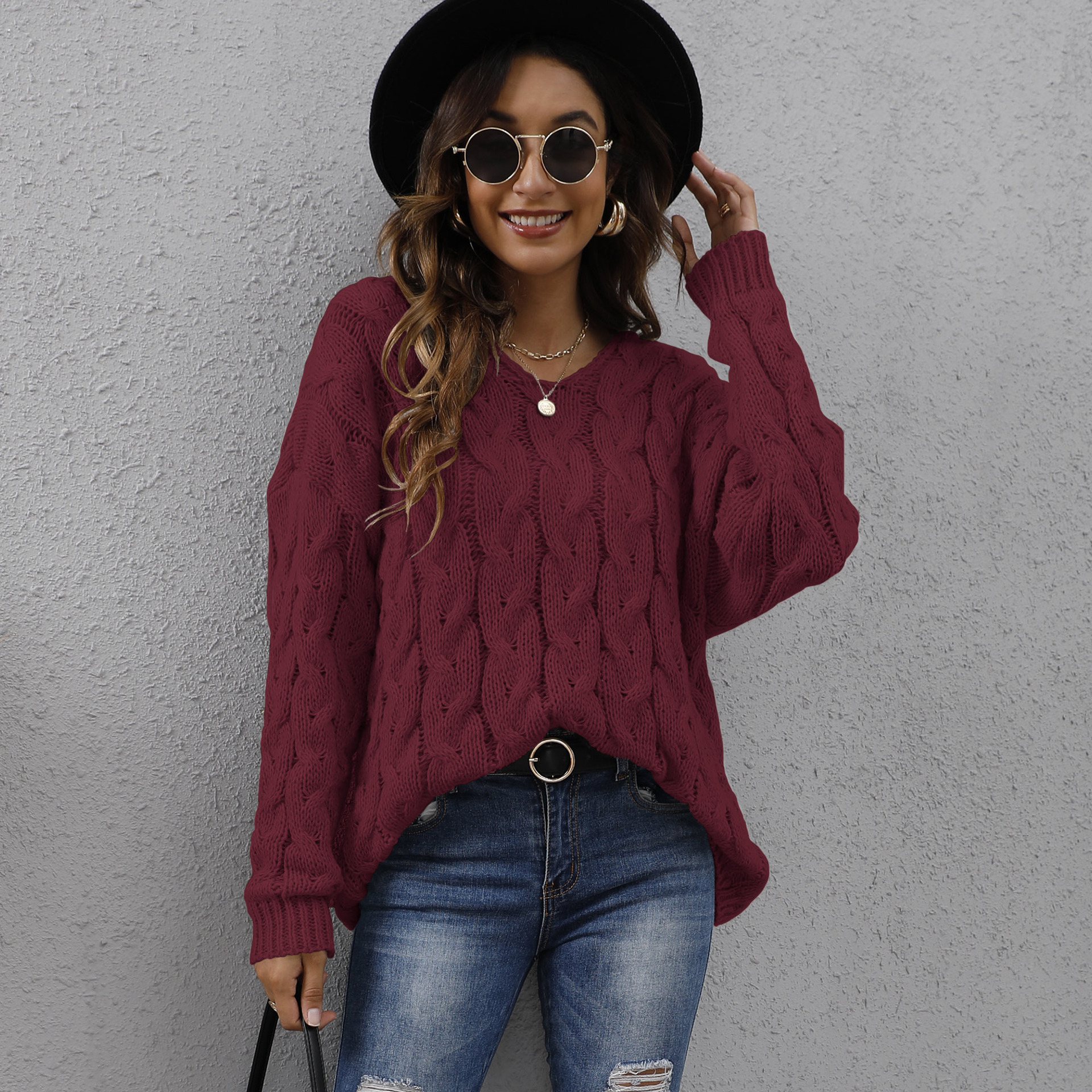 Women's Chunky Cable Knit V-Neck Hooded Pullover Sweater