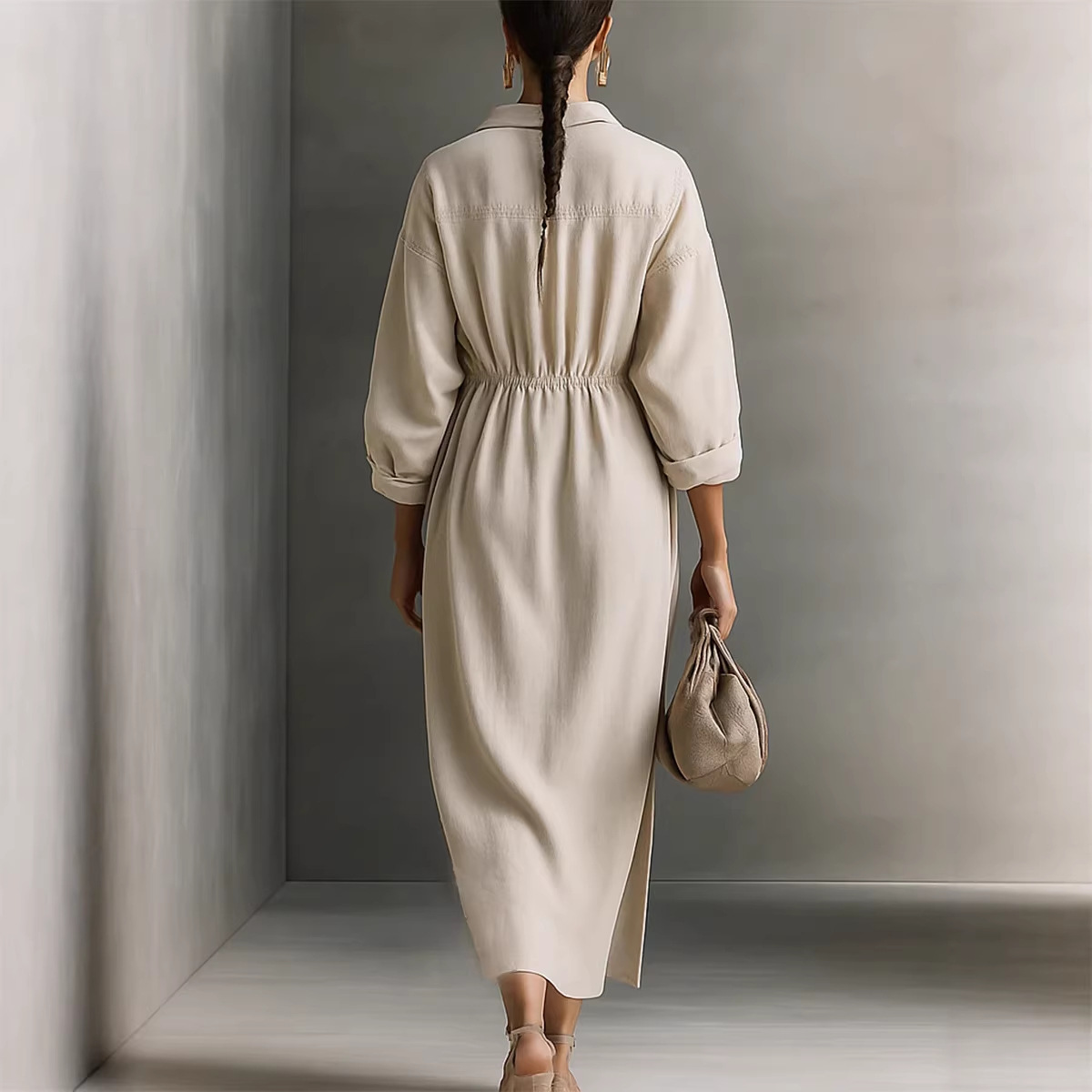 Women's French Casual Long Sleeve Collared Split Long Dress