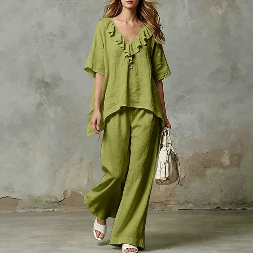 Women's V-Neck Loose Cotton Blend T-Shirt and Pants Set Casual Two-Piece Outfit