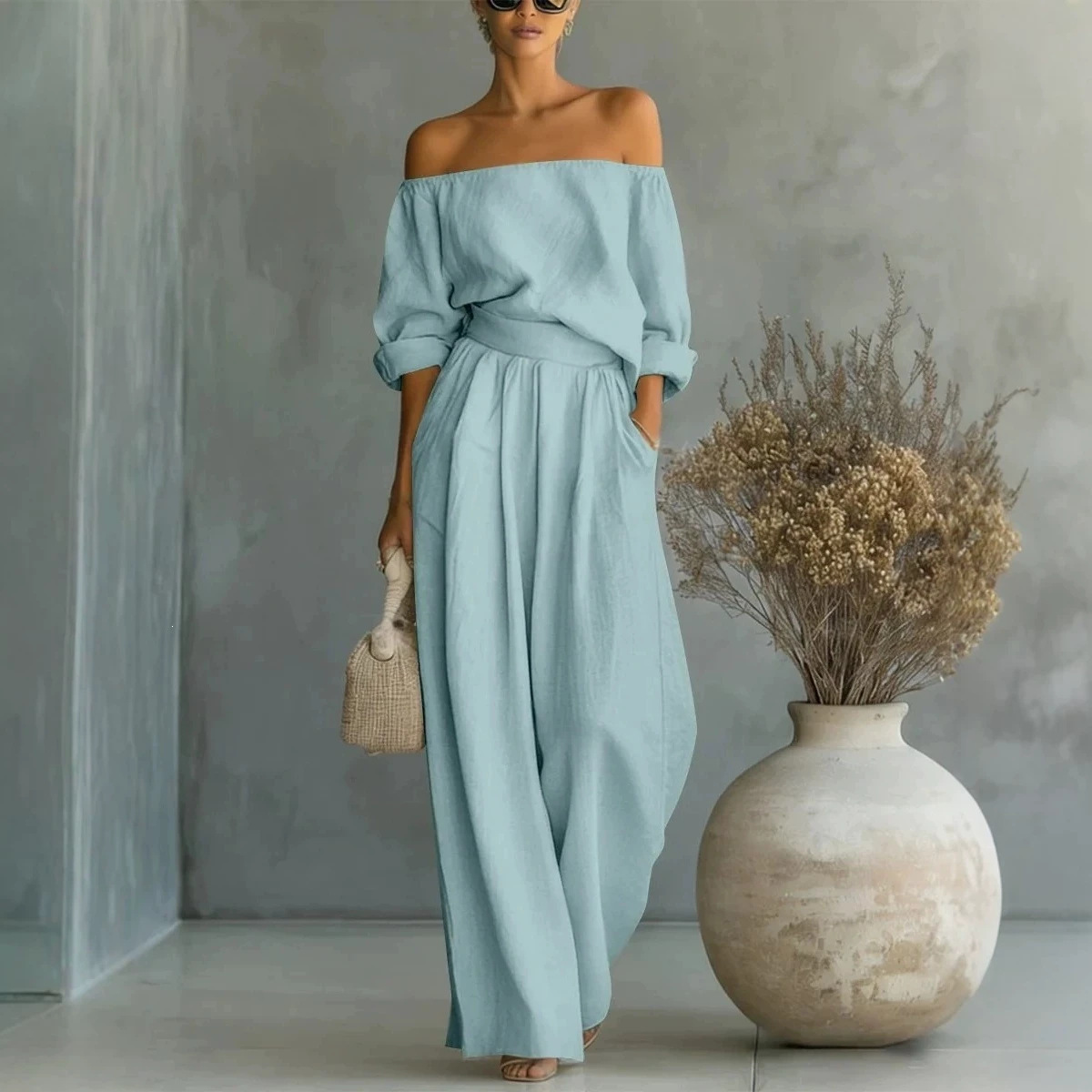 Off-Shoulder Wide-Leg Two-Piece Pants Set