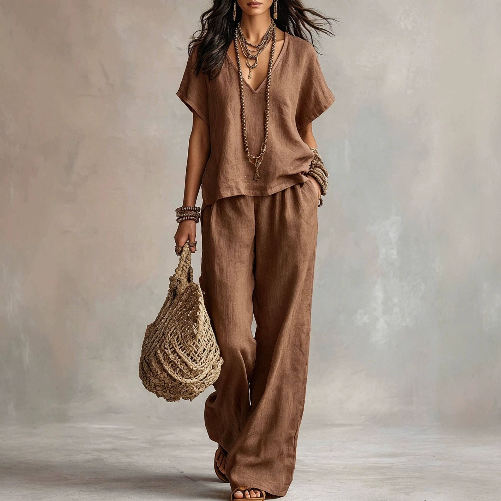 Women's Casual Solid V-Neck Short Sleeve Top & Pants Two-Piece Set