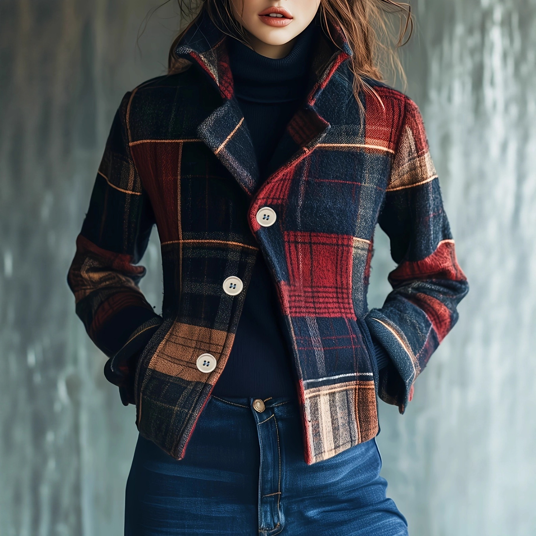 Women's Button-Up Plaid Cropped Jacket with Lapel Collar