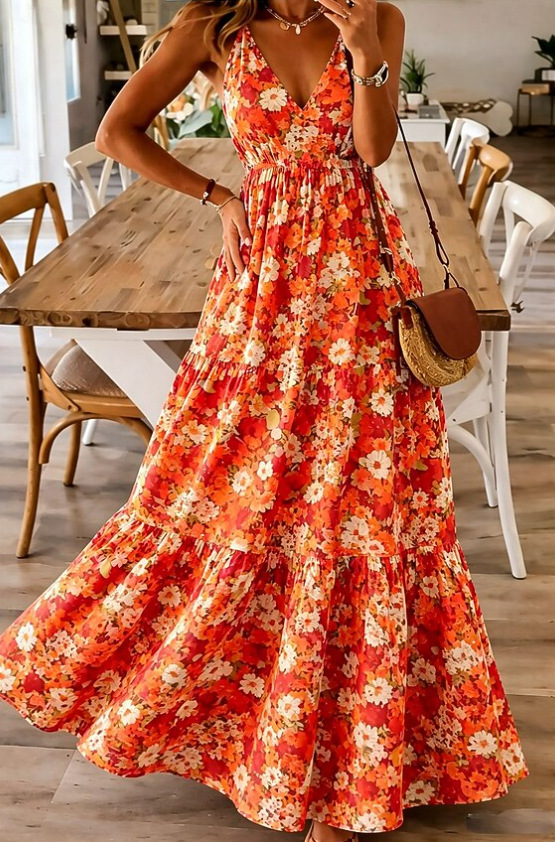 Elegant Floral V-Neck Sleeveless Midi Dress