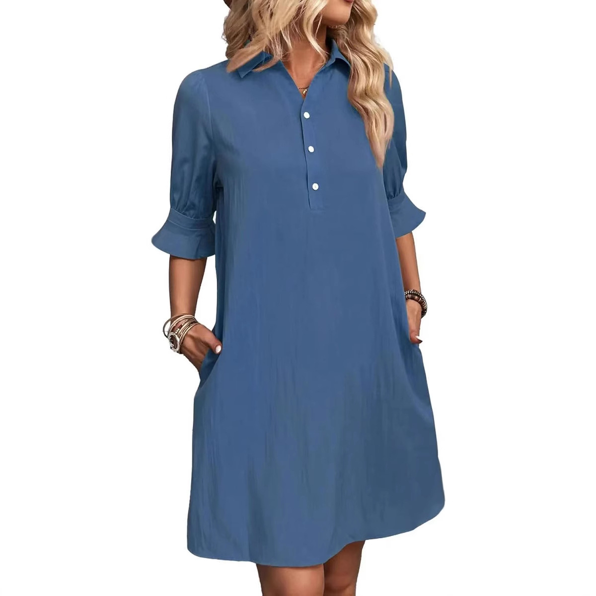 Women's Casual Loose Solid Color A-Line Dress with Collar and Buttons