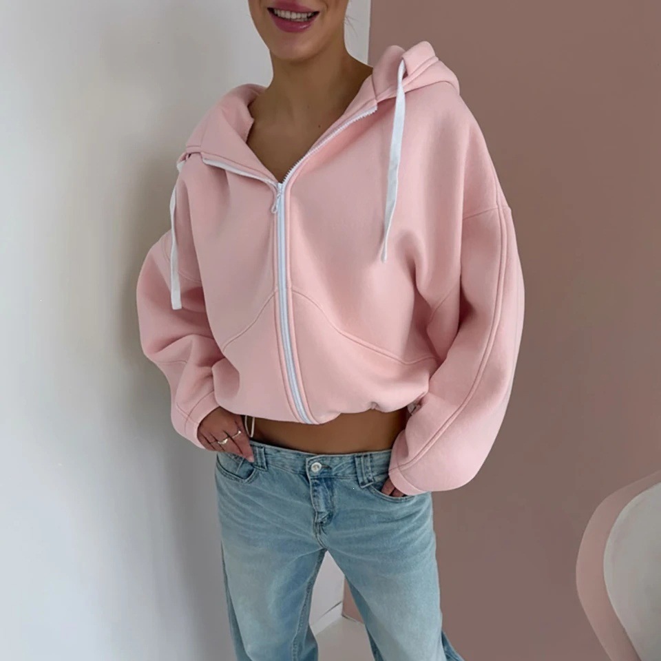 Women's Hooded Zip-Up Fleece Cardigan Sweatshirt Solid Color Long Sleeve Loose Fit Tie-Waist Short Crop Top