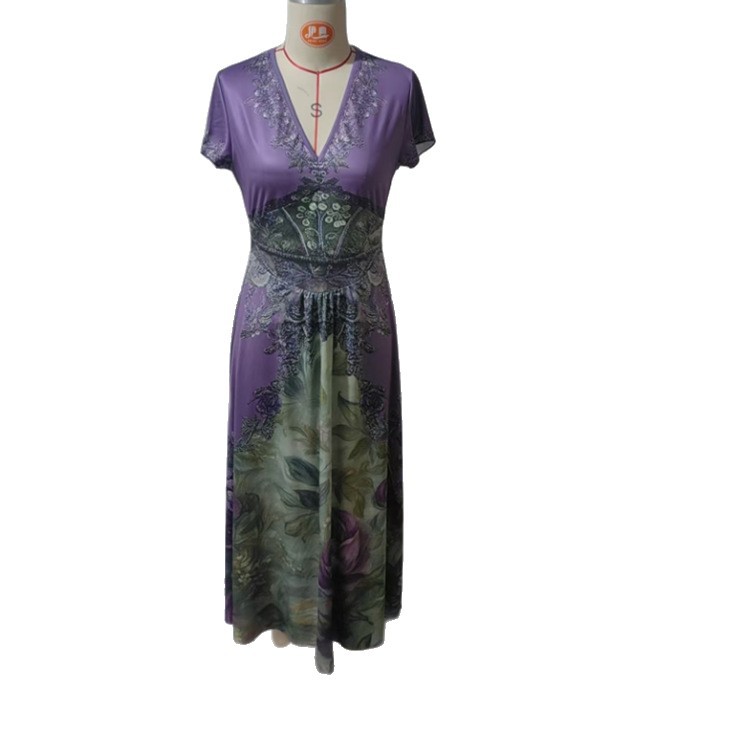 Plus Size Loose Fit A-Line Dress with Creative Totem Print, Deep V-Neck Short Sleeve