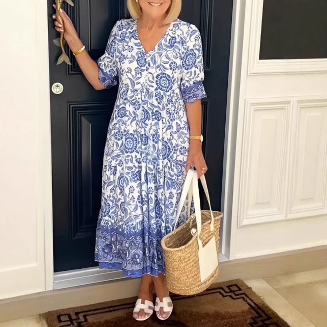 V-Neck Floral Print Long Dress
