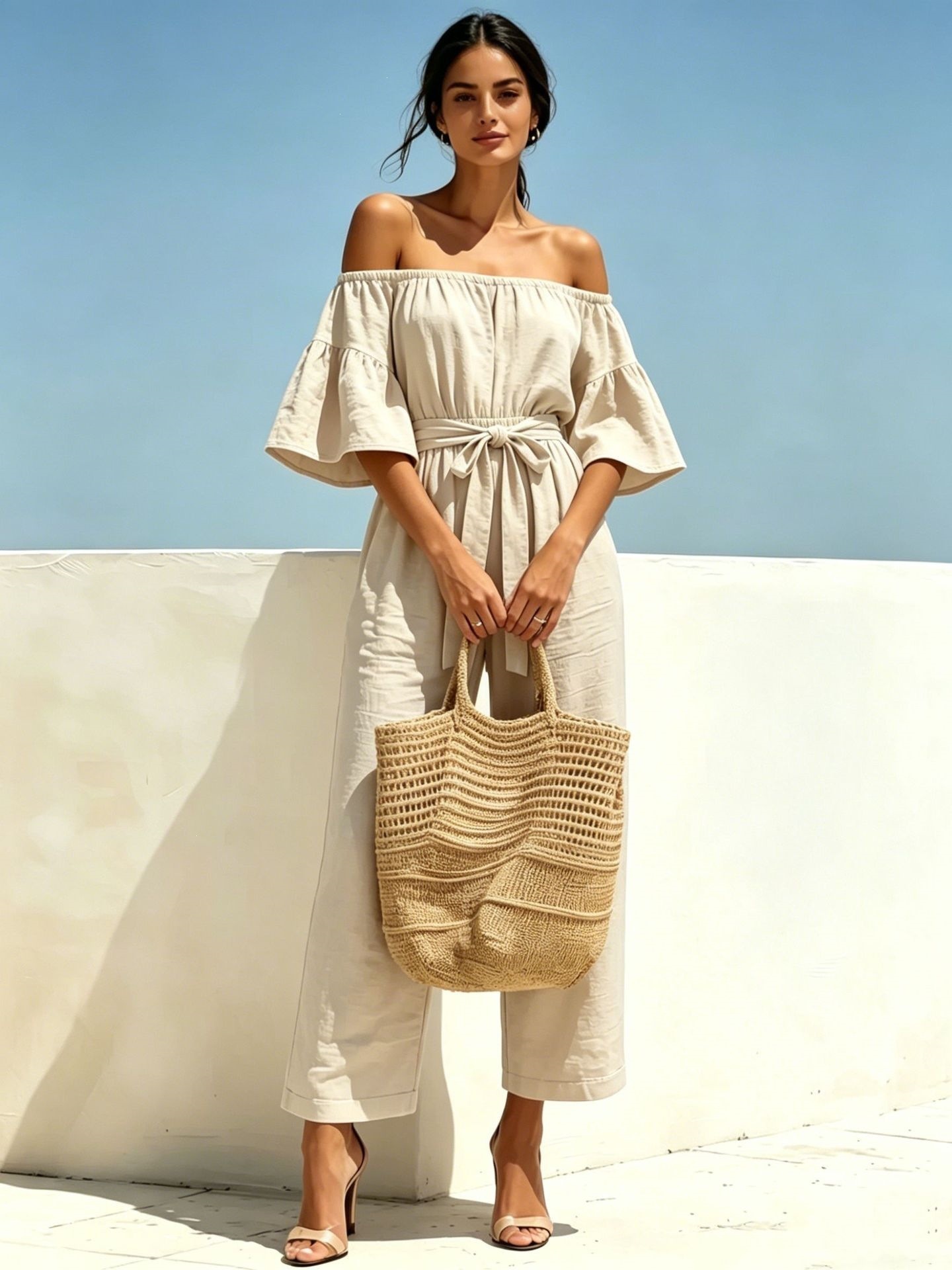 Women's Off-Shoulder Ruffle Wide-Leg Jumpsuit with Tie Belt